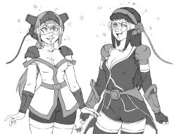  arm_warmers bangs belt bracers cleavage crosscode drool earpiece eyebrows_visible_through_hair female_only femsub fingerless_gloves gloves gmun hair_band hair_ornament happy_trance headband horns jacket lea_(crosscode) multiple_girls multiple_subs open_mouth opera_gloves ponytail shirt shizuka_sakai_(crosscode) short_shorts shoulder_pads simple_background smile spiral standing tech_control thighhighs thighs visor white_background wires 