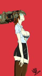  blue_eyes breasts brown_hair cleavage empty_eyes helmet large_breasts no_mind_detected office_lady original standing standing_at_attention tech_control 