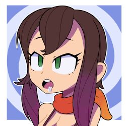 absurdres brown_hair cleavage dazed drool empty_eyes female_only femsub gemna_(mezz+pokemongirl) kyrielle long_hair multicolored_hair open_mouth original simple_background spiral