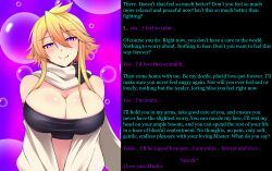 akame_ga_kill! blonde_hair breasts caption cleavage consensual coupe50 femsub glowing glowing_eyes happy_trance huge_breasts large_breasts leone looking_at_viewer manip nobody67_(manipper) pov pov_dom smile text