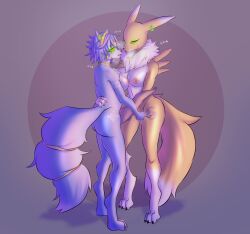  barefoot bottomless breasts breath digimon drool earbuds erect_nipples female_only femsub fingering fingerless_gloves fox_girl furry gloves glowing glowing_eyes krystal large_breasts nintendo nude open_mouth pussy_juice renamon star_fox sweat tech_control text tomatson topless yuri 