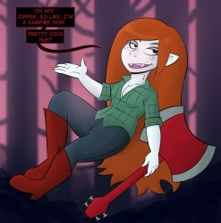 adventure_time boots cleavage corruption dialogue disney elf_ears fangs female_only femdom femsub floating freckles fusion gravity_falls happy_trance long_hair marceline mr.h pale_skin red_hair text thigh_boots vampire weapon wendy_corduroy