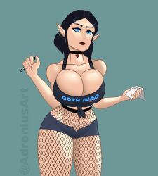 absurdres adronius_(artist) black_hair blue_eyes breasts breath_of_the_wild cleavage elf elf_ears femsub fishnets gothification huge_breasts large_breasts necklace nintendo princess princess_zelda tank_top text the_legend_of_zelda thick_thighs
