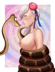  bottomless breasts chin_hold coils disney fate/grand_order fate_(series) femsub hypnotic_eyes kaa kaa_eyes lapislazuliart large_breasts miyamoto_musashi_(fate) nude open_mouth snake the_jungle_book topless 