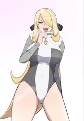  blonde_hair breath clothed cynthia_(pokemon) enemy_conversion female_only femsub hair_covering_one_eye hair_ornament happy_trance large_breasts leotard looking_at_viewer nintendo open_mouth pokemon smile solo spiral_eyes standing tagme team_galactic very_long_hair white_background zerozero 