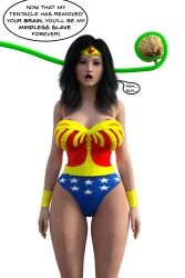 3d absurdres black_hair brain dc_comics dialogue drool external_brain female_only femsub lobotomy super_hero tentacles text the_brain-eating_evil_meteor the_grim_adventures_of_billy_and_mandy theheckle wonder_woman