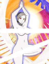  bottomless breasts censored convenient_censoring empty_eyes exercise female_only femsub galeem glowing grey_hair happy_trance large_breasts long_hair looking_at_viewer navel nintendo nude ponytail red_eyes sendy1992 smile solo standing super_smash_bros. topless white_skin wii_fit wii_fit_trainer yoga 