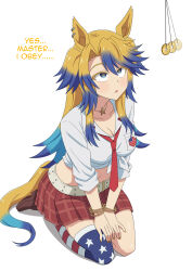 absurdres animal_ears belt blue_eyes bracelet breasts cleavage coin collarbone dazed deepwater earrings empty_eyes english_text femsub horse_girl jewelry kneeling long_hair midriff multicolored_hair navel necklace obey_your_master pendulum shirt shoes short_skirt simple_background skirt symbol_in_eyes tail text thighhighs tied_shirt uma_musume unfocused_eyes white_background