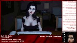 3d black_hair blue_eyes breasts caption cleavage erect_nipples expressionless femsub humor hypnotic_screen large_breasts livestream long_hair manip nipples original poser ridley_(artist) sitting source_filmmaker text user_interface webpage_layout