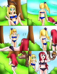 blonde_hair breasts comic disney erza_scarlet fairy_tail femsub happy_trance hypnotic_eyes jerrydestrtoyer kaa_eyes large_breasts lucy_heartfilia maledom red_hair snake swimsuit the_jungle_book