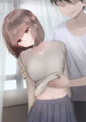brown_hair cellophane_tape empty_eyes expressionless femsub maledom midriff open_mouth shirt_lift short_hair