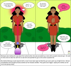 before_and_after bimbofication black_hair breast_expansion dark_skin dialogue empty_eyes femsub green_skin happy_trance kim_possible_(series) large_breasts monique_(kim_possible) nabs001 raygun text