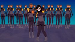  3d alicia_(aliciapendragon) black_hair blue_background bodysuit brown_eyes drone dronification emma_(pokemon) empty_eyes enemy_conversion femsub glasses gradient_background helmet hypnotized_hypnotist koikatsu! large_breasts multiple_girls multiple_subs nintendo original pokemon saluting simple_background standing_at_attention trilene808 white_skin 