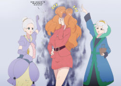aura belt clothed coat corruption curly_hair dress elderly evil_smile femdom femsub gloves gojulas grey_background grey_hair hair_buns hairband hand_on_hip happy_trance hypnovember long_hair long_skirt multiple_doms multiple_girls no_eyes open_mouth opera_gloves powerpuff_girls ribbon sara_bellum short_hair short_skirt simple_background size_difference smile suit t-shirt text