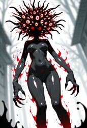 ai_art black_skin bottomless breasts claws femdom ghost glowing_eyes hypnotic_eyes monster_girl multiple_eyes nude red_eyes shiny_skin stable_diffusion_(ai) telepathy theoneforhypno_(manipper) topless