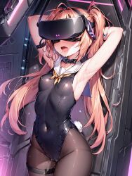  ahoge ai_art arms_above_head blush bunny_girl bunnysuit cameltoe collar corruption drool fake_tail female_only femsub koimin4_(generator) leggings leotard navel open_mouth orange_hair pussy_juice restrained school_uniform small_breasts stable_diffusion_(ai) sweat tail tech_control tongue tongue_out twintails visor 