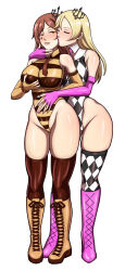  asto_(asto) bare_shoulders black_sclera blonde_hair blue_eyes blush boots breast_grab breasts brown_eyes brown_hair chin_hold crown deareditor emi_(izanagistruth) female_only femdom femsub fingerless_gloves gloves happy_trance kissing large_breasts leotard lipstick makeup multiple_girls opera_gloves original smile thighhighs tie twinning yuri 