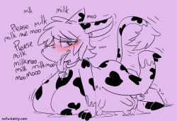 all_fours blush breasts cow cow_girl cowbell furry heart heart_eyes kaitty_(kaittycat) kaittycat lactation male_only malesub milk original penis symbol_in_eyes text tongue tongue_out transformation udders