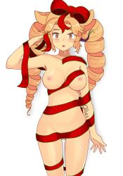 blonde_hair blush bottomless bow breasts christmas curly_hair drill_hair drool empty_eyes expressionless female_only femsub fusion_parasite hair_ribbon large_breasts long_hair naked_ribbon nipples nude open_mouth original parasite parasite_fusioner qiller ribbon saluting simple_background solo standing standing_at_attention symbol_in_eyes topless tortellini_(whatapizzashit) twintails white_background yellow_eyes yu-gi-oh!