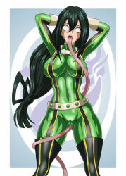  arms_above_head bodysuit breasts empty_eyes female_only femsub gloves hair_ornament hand_on_head large_breasts long_hair long_tongue my_hero_academia open_mouth posing sigfried028 simple_background solo standing thighhighs tsuyu_asui very_long_hair whitewash_eyes 