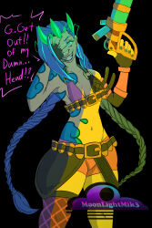 absurdres blue_hair breasts cleavage clothed control_indicator crown dialogue english_text evil_smile eye_color_change femsub fingerless_gloves gloves green_eyes gun hand_on_head jinx_(league_of_legends) league_of_legends lipstick long_hair maledom midriff moonlightmik3 nail_polish navel possession resisting shorts simple_background smile speech_bubble tattoo text twintails viego_(league_of_legends) weak_resistance weapon