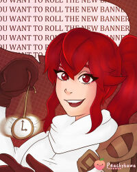  anna_(fire_emblem) armor clothed femdom financial_domination fire_emblem fire_emblem_heroes gloves humor mantra peonyponpon pocket_watch pov_sub red_eyes red_hair solo text 