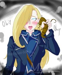 ahegao blonde_hair blue_eyes blush brain_injection drool eye_roll female_only femsub fullmetal_alchemist glowing glowing_eyes insect insectophilia long_hair midori-chan olivier_mira_armstrong parasite resisting simple_background solo tentacles text