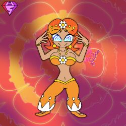  alternate_costume bare_shoulders blue_eyes cleavage dancer dark_skin earrings eyebrows_visible_through_hair eyelashes femdom harem_outfit hypnoscream large_breasts looking_at_viewer midriff navel necklace nintendo orange_background orange_hair pants posing pov_sub princess princess_daisy ring_background seductive_smile shiny_hair short_hair spiralwash_eyes super_mario_bros. 