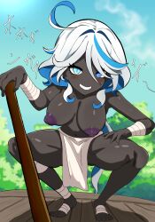 ahoge alternate_color_scheme alternate_costume black_skin blue_eyes blue_hair breasts cleavage corruption enbitonbi enemy_conversion eye_color_change femsub furina_(genshin_impact) genshin_impact green_eyes happy_trance hilichurl_(genshin_impact) large_breasts looking_at_viewer midriff multicolored_hair navel nipples outdoors smile squatting staff text translation_request white_hair