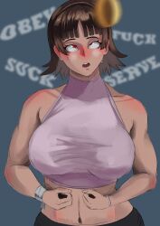  blue_background blush bracelet brown_hair coin collarbone crop_top drool eye_roll female_only femsub foolycooly hair_band large_breasts makoto_niijima mantra midriff muscle_girl navel open_mouth pants pendulum persona_(series) persona_5 red_eyes short_hair simple_background solo sweat text wrist_band 