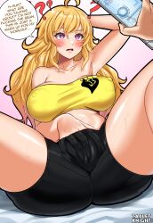  absurdres ahoge altered_common_sense armpits blonde_hair blush dialogue erect_nipples femsub large_breasts long_hair masturbation open_mouth phone rwby shorts spiral_eyes tabletknight watermark yang_xiao_long 