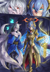 absurdres angel angel_girl animal_ears armor bare_shoulders blue_eyes blue_hair blush breasts cleavage comic expressionless fox_girl halo high_heels ibenz009 large_breasts long_hair magic multiple_tails original red_eyes short_hair silver_hair smile sword tail tattoo weapon wings