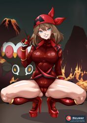 bandana brown_hair bzurrrf cameltoe claydol empty_eyes enemy_conversion eyeshadow femsub gloves grey_eyes high_heels knee-high_boots leotard lipstick looking_at_viewer makeup may night nintendo outdoors pokeball pokemon pokemon_(creature) pokemon_ruby_sapphire_and_emerald red_lipstick short_hair signature smile spread_legs squatting sweater team_magma v