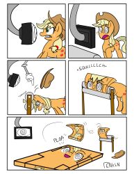 absurdres animals_only applejack blonde_hair comic femsub flattening freckles happy_trance hat horse humor hypnotic_screen long_hair my_little_pony open_mouth penken spiral spiral_eyes symbol_in_eyes tech_control