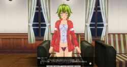 3d blush breasts chair crossed_eyes custom_maid_3d_2 dialogue empty_eyes femsub green_eyes green_hair happy_trance headphones hypnotic_accessory hypnotic_panties jacket open_mouth panties shirt short_hair smile standing standing_at_attention tech_control text thighhighs translated underwear xenon3131_mc