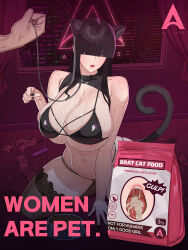  advertisement aphrodisiac bangs bikini black_hair black_nail_polish breasts chains cleavage collar complex_background condom empty_eyes english_text engrish environmental_text erection fake_animal_ears fake_tail femsub hair_covering_both_eyes heart_eyes hourglass_figure huge_breasts hypnotic_food kneeling lace long_hair long_nails maledom midriff nail_polish navel nuo open_mouth original penis pet_play purple_eyes sex_toy sexism sexually_suggestive spiral sweat symbol_in_eyes text thighhighs tongue tongue_out 