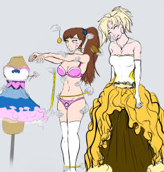  absurdres blonde_hair bra breasts brown_hair bzurrrf_(colorist) chin_hold d.va dazed dressing drool earrings empty_eyes female_only femsub hand_on_head jewelry long_hair mercy necklace open_mouth overwatch panties pendulum phantom_hand ponytail short_hair spiral_eyes spiralwash_eyes standing standing_at_attention symbol_in_eyes text thighhighs underwear wedding_dress zko zombie_walk 