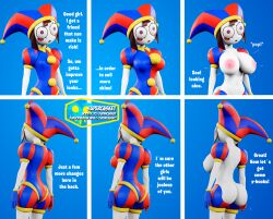  3d ass ass_expansion breast_expansion brown_hair clown_girl comic expressionless femsub fortnite nipples nude pomni spiral_eyes supercasket text the_amazing_digital_circus 