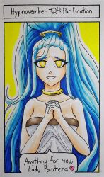  absurdres blue_hair collar collarbone color dialogue empty_eyes female_only femdom femsub hair_ornament happy_trance heart jesturia kid_icarus nintendo palutena pandora_(kid_icarus) purification simple_background smile solo speech_bubble tagme text traditional yellow_eyes 