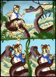 ash_(ashkelling) bottomless brown_hair cat_boy coils comic dazed disney furry happy_trance hypnotic_eyes kaa kaa_eyes leopard_boy male_only malesub nude original resisting scarf scarlet-frost smile snake tail the_jungle_book topless