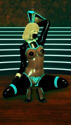  3d arms_above_head blonde_hair blue_eyes bodysuit breasts bunny_ears bunny_girl clothed_exposure crotch_tattoo cuffs cyan_eyes face_mask fake_animal_ears female_only femsub glowing glowing_eyes happy_trance heavy_eyelids honey_select_2 latex looking_at_viewer mage_black_vrc navel original pasties pussy reverse_bunnysuit rubber see-through shoes short_hair solo spread_legs squatting tattoo 