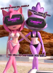  3d amy_rose ass_grab bare_legs barefoot beach bikini blaze_the_cat cleavage crossed_legs dialogue expressionless female_only femsub furry hair_band hourglass_figure maledom multiple_girls multiple_subs navel open_mouth outdoors pink_hair pink_skin purple_hair purple_skin short_hair sonic_the_hedgehog_(series) spiralrose23 standing swimsuit tech_control text visor 