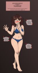  blush bra brown_background brown_eyes brown_hair clara_(anourastf) dialogue display english_text female_only femsub original panties ryu34 sale short_hair simple_background solo sweat text unaware underwear 