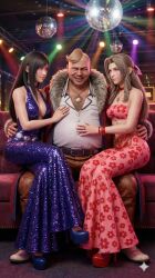 aerith_gainsborough ai_art black_hair brown_hair cleavage couch don_corneo final_fantasy final_fantasy_vii glowing_eyes heart_eyes hypnotic_eyes jewelry pants threesome tifa_lockhart tube_top