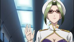 cross_ange emma_bronson empty_eyes expressionless female_only glasses green_hair lipstick screenshot solo spoilers standing yellow_eyes