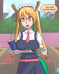  blonde_hair breasts_on_tray dialogue female_only femsub food happy_trance horns long_hair maid maid_headdress maledom miss_kobayashi&#039;s_dragon_maid mythkaz open_mouth red_eyes smile solo speech_bubble spiral_eyes standing symbol_in_eyes text tie tohru_(maidragon) tray twintails yellow_eyes 