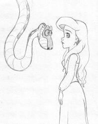 ariel breasts disney expressionless female_only femsub greyscale hypnotic_eyes kaa kaa_eyes large_breasts long_hair monochrome princess snake the_jungle_book the_little_mermaid western
