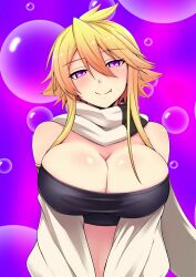 akame_ga_kill! blonde_hair breasts coupe50 glowing glowing_eyes happy_trance large_breasts leone looking_at_viewer manip nobody67_(manipper) smile