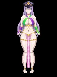  anklet auro_zoro bracelet breasts cleavage female_only fingerless_gloves gloves glowing glowing_eyes gold happy_trance harem_outfit hat jewelry large_breasts loincloth long_hair midriff navel nyarukavt pixel_art purple_hair see-through simple_background thighs transparent_background virtual_youtuber 