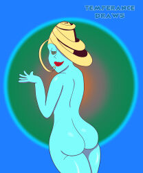 absurdres ass beauty_(ghost_trick) blonde_hair blue_skin bottomless capcom female_only femsub ghost_trick happy_trance nude ring_eyes short_hair smile solo symbol_in_eyes temperancedraws topless